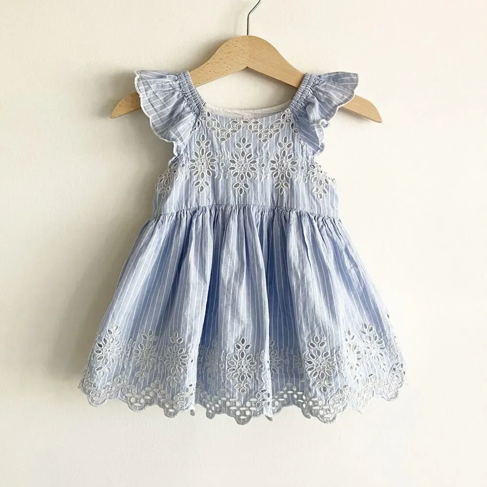 babyGap Eyelet Dress Baby Girl Size 6-12M Blue Striped Scalloped 100% Cotton